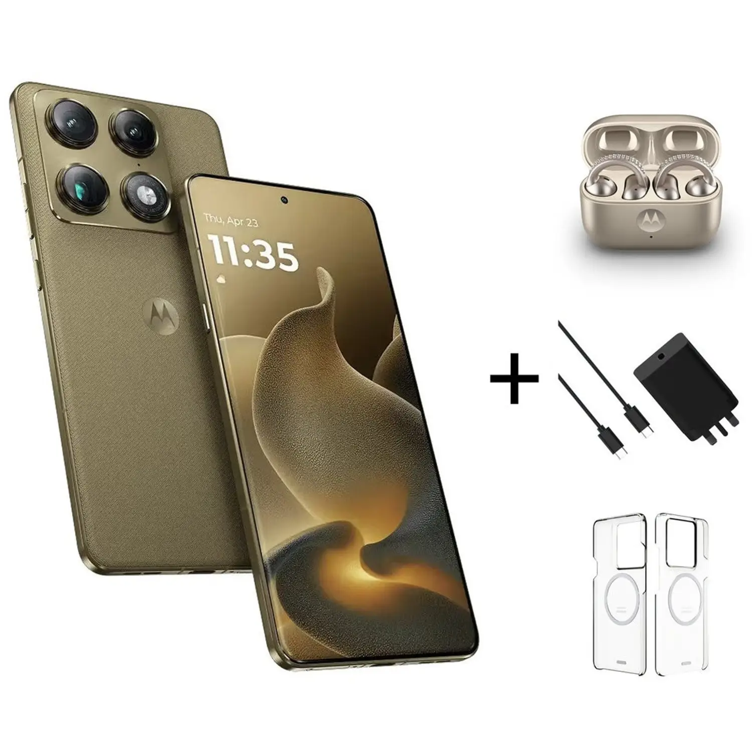 S600960426_1.webp Motorola Signature 5G 512GB 16GB RAM Pantone Martini Olive Smartphone + Buds Loop + 90W Charger + Cover - Image 1